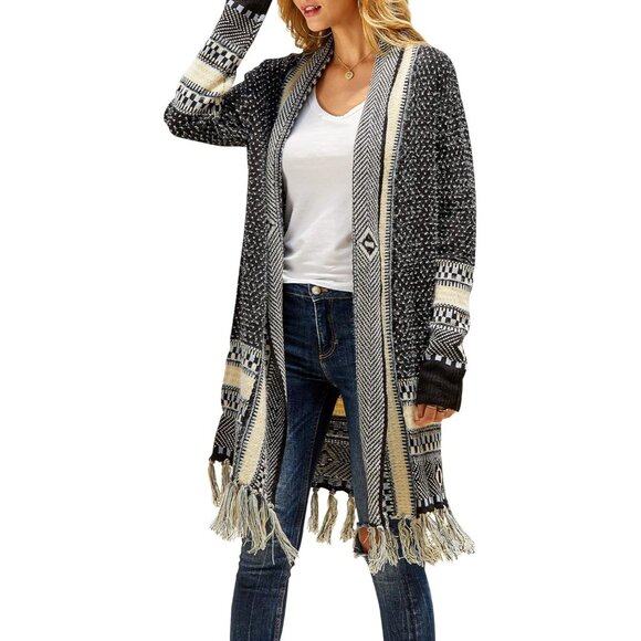 Women Boho Knit Cardigan Small Lightweight Tribal Fringe Long Open Front - Picture 1 of 6
